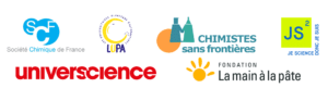 Logos des stands participants: SCF, LUPA, Chimistes sans frontieres, Je science donc je suis, Universcience, La main à lapâte